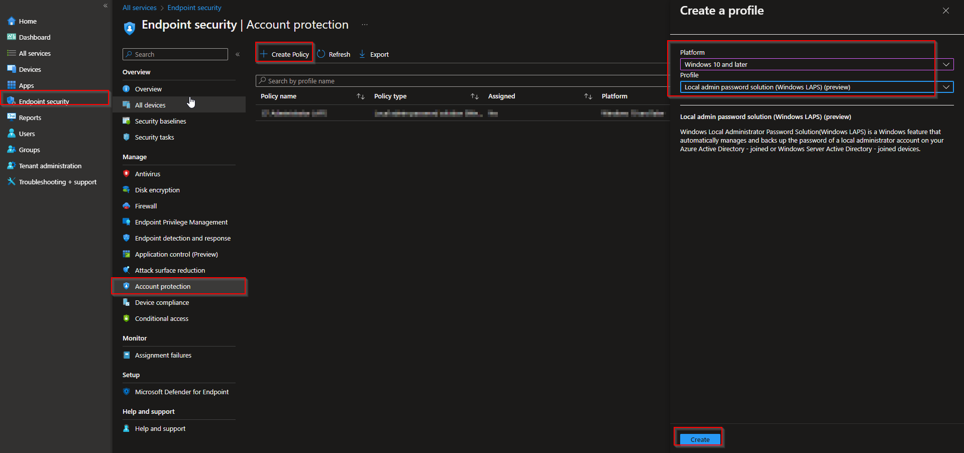Creating a new LAPS policy under Account protection